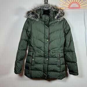 Larry Levine Down Puffer Mid Length Coat Removable Hood Fur Trim Olive Green S